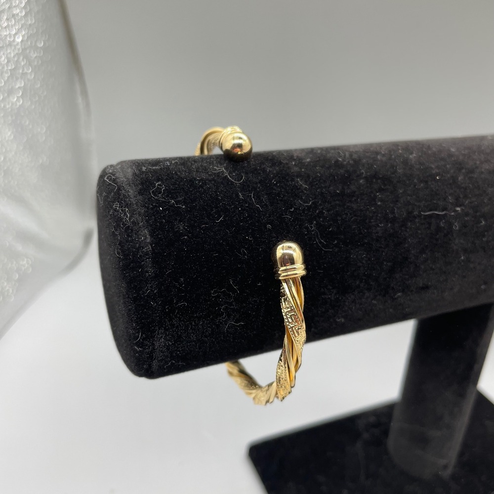 Vintage Gold Tone Twisted Cable Cuff Bracelet Greek Key Pattern Ball End Finial